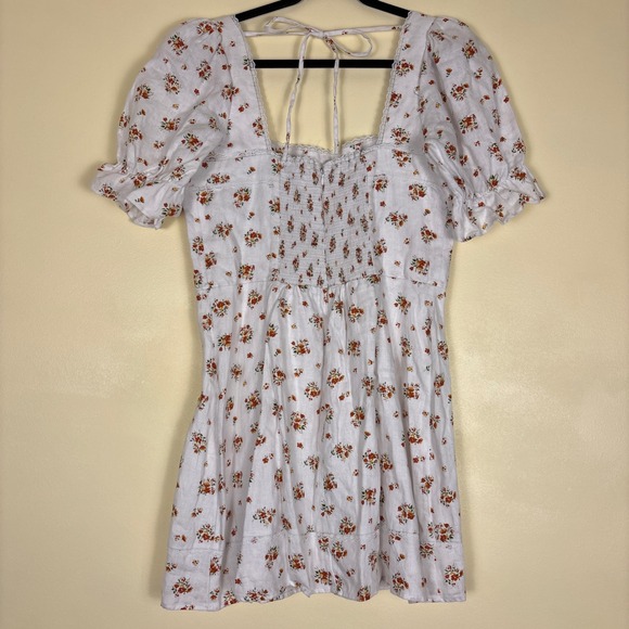 REFORMATION 100%‎ Linen Evianna Dress Size 12 White Orange Floral Mini - Picture 11 of 16